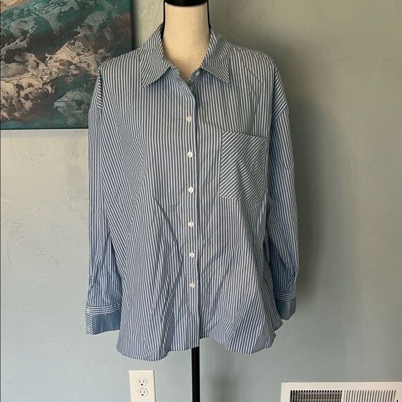 Attitudes by Renee Pleated Cuff Blue Chambray Stripe Button-Up Shirt Sz Large - Picture 1 of 6